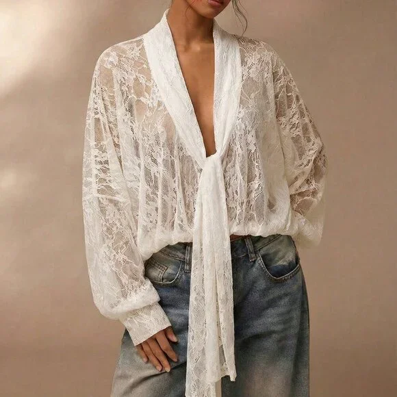 White Casual Women's Semi-Sheer Kimono Sleeves Shirt - Picture 5 of 11